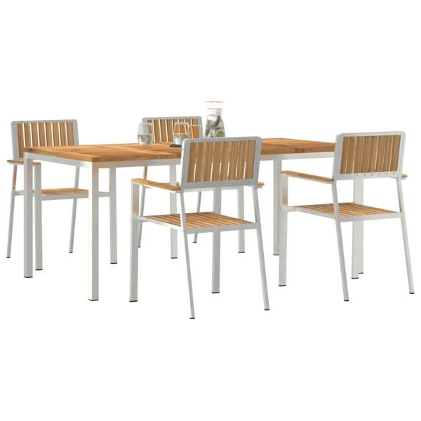 5-teilige Garten Essgruppe aus solidem Teakholz, Outdoor Esstisch 180x90x75 cm aus solidem Teakholz, Stapelbare Gartenstühle 4 Stück aus solidem Teakholz und Metall