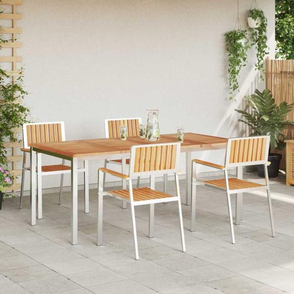 5-teilige Garten Essgruppe aus solidem Teakholz, Outdoor Esstisch 180x90x75 cm aus solidem Teakholz, Stapelbare Gartenstühle 4 Stück aus solidem Teakholz und Metall