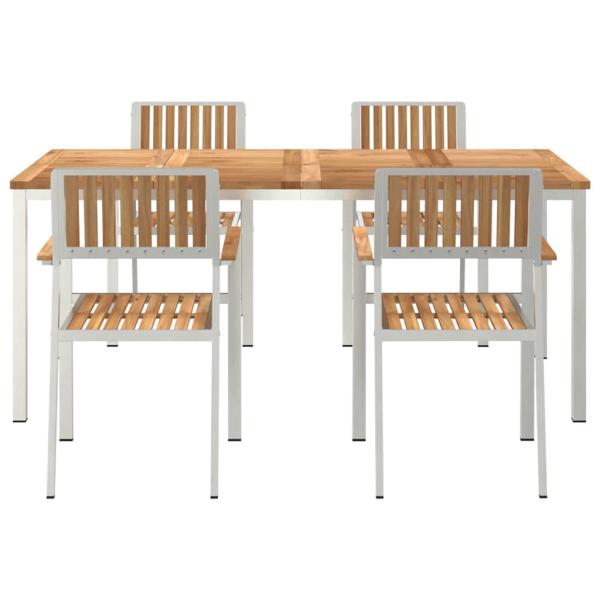 5-teilige Garten Essgruppe aus solidem Teakholz, Outdoor Esstisch 180x90x75 cm aus solidem Teakholz, Stapelbare Gartenstühle 4 Stück aus solidem Teakholz und Metall