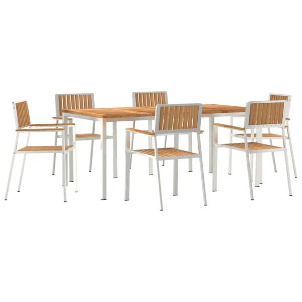 7-teiliges Gartentischset Massivholz Teak, Outdoor Esstisch 180x90x75 cm Massivholz Teak, Stapelbare Gartenstühle 2 Stück Massivholz Teak und Metall, Stapelbare Gartenstühle 4 Stück Massivholz Teak und Metall