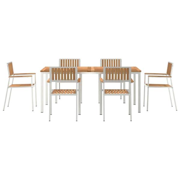 7-teiliges Gartentischset Massivholz Teak, Outdoor Esstisch 180x90x75 cm Massivholz Teak, Stapelbare Gartenstühle 2 Stück Massivholz Teak und Metall, Stapelbare Gartenstühle 4 Stück Massivholz Teak und Metall
