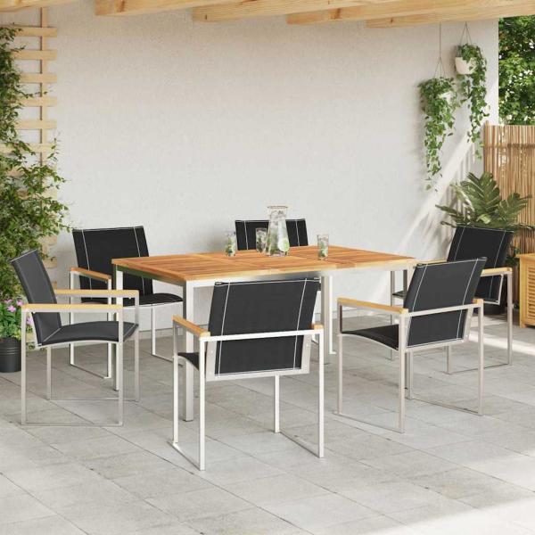 7-teilige Garten Essgruppe aus massivem Akazienholz, Outdoortisch 150x90x75 cm aus massivem Akazienholz