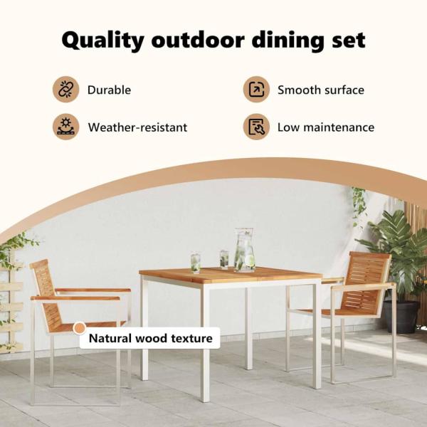 3-teiliges Garten Essset aus massivem Teakholz, Outdoor Esstisch 90x90x74,5 cm aus massivem Teakholz