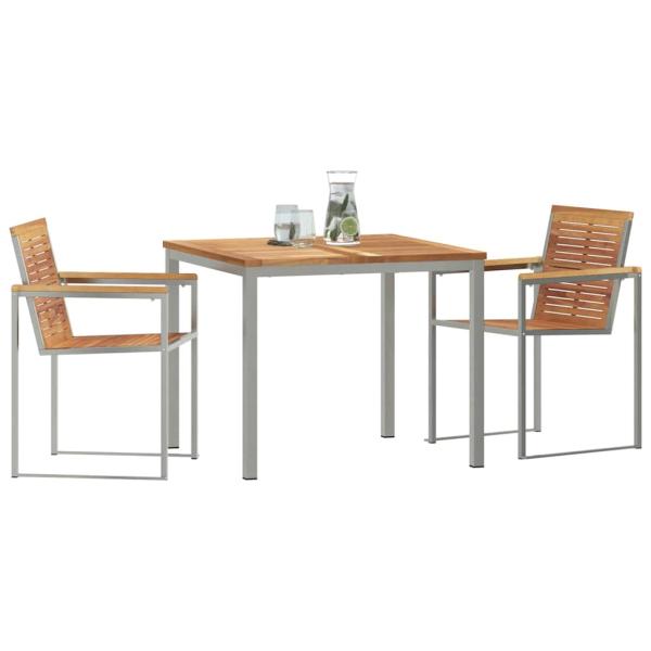 3-teiliges Garten Essset aus massivem Teakholz, Outdoor Esstisch 90x90x74,5 cm aus massivem Teakholz