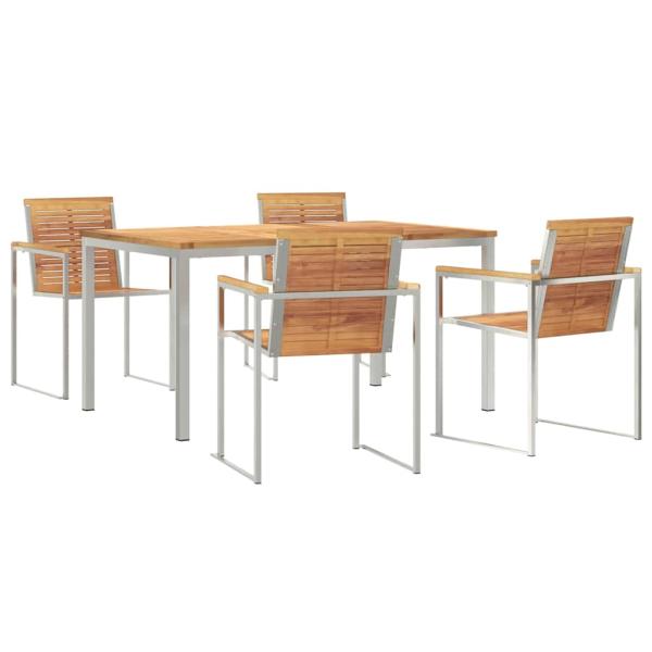 5-teiliges Garten Esszimmer Set aus massivem Teakholz, Outdoor Esszimmertisch 150x90x75 cm aus massivem Teakholz
