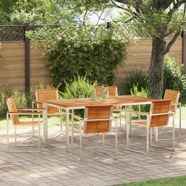 7-teiliges Garten Esstisch Set aus massivem Teakholz, Outdoor Esstisch 180x90x75 cm aus massivem Teakholz