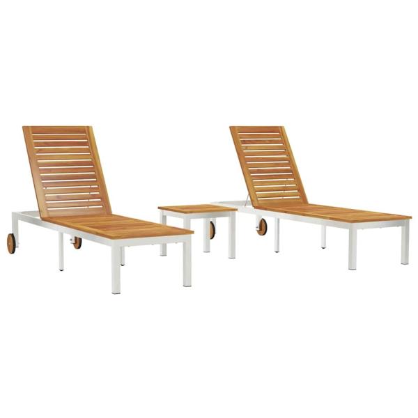 Sonnenliegen 2 Stück mit Tisch aus massivem Akazienholz, Sonnenliege mit Rädern 207x58x35 cm aus massivem Akazienholz und rostfreiem Stahl