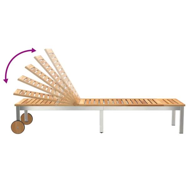 Sonnenliegen 2 Stück mit Tisch aus massivem Akazienholz, Sonnenliege mit Rädern 207x58x35 cm aus massivem Akazienholz und rostfreiem Stahl