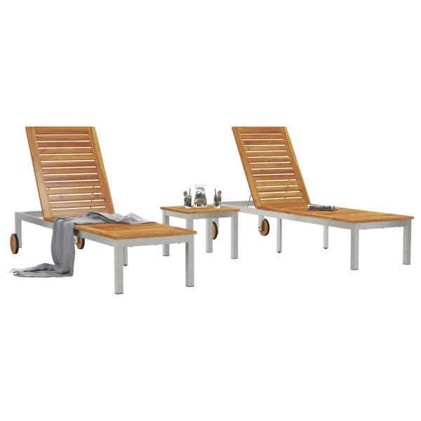 Sonnenliegen 2 Stück mit Tisch aus massivem Akazienholz, Sonnenliege mit Rädern 207x58x35 cm aus massivem Akazienholz und rostfreiem Stahl