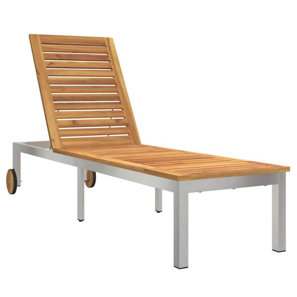 Sonnenliegen 2 Stück mit Tisch aus massivem Akazienholz, Sonnenliege mit Rädern 207x58x35 cm aus massivem Akazienholz und rostfreiem Stahl