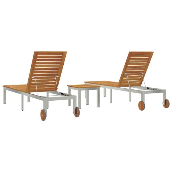 Sonnenliegen 2 Stück mit Tisch aus massivem Akazienholz, Sonnenliege mit Rädern 207x58x35 cm aus massivem Akazienholz und rostfreiem Stahl
