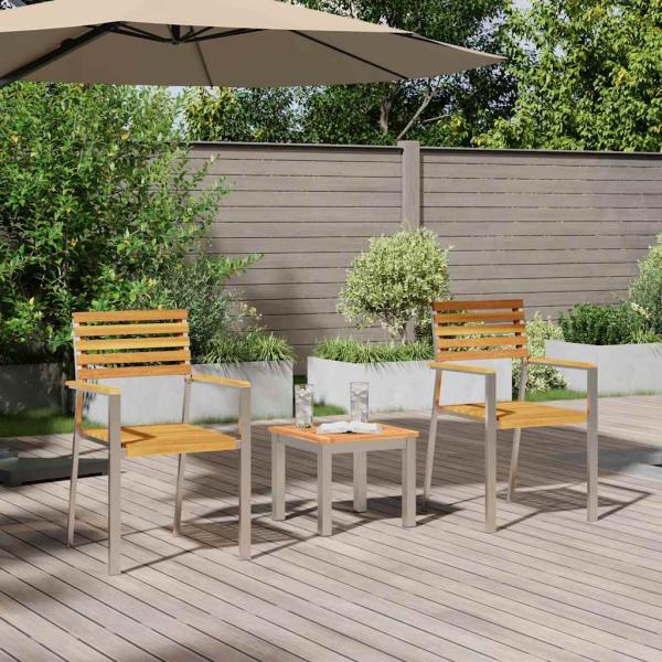 3-teiliges Garten Essset Massivholz Akazie, Stapelbare Gartenstühle 2 Stück Massivholz Akazie und Stahl