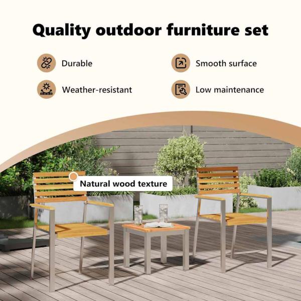 3-teiliges Garten Essset Massivholz Akazie, Stapelbare Gartenstühle 2 Stück Massivholz Akazie und Stahl