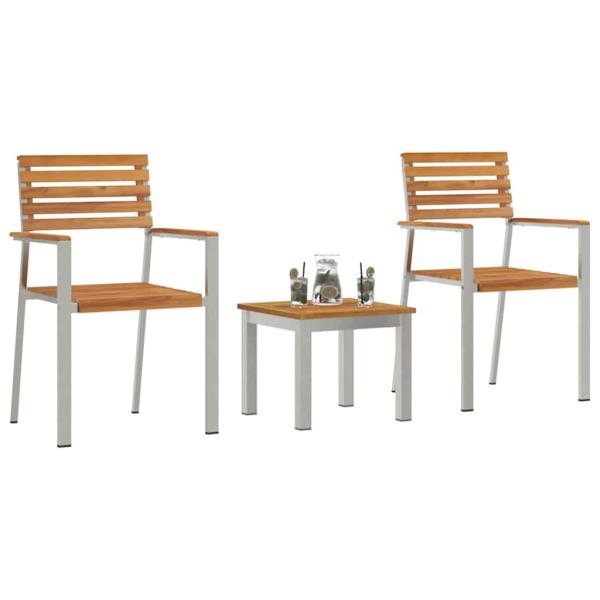 3-teiliges Garten Essgruppe Massivholz Teak, Stapelbare Gartenstühle 2 Stück Massivholz Teak und Stahl