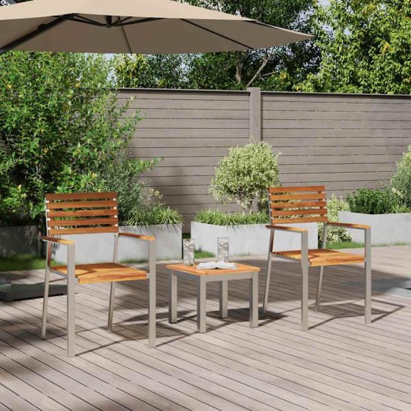 3-teiliges Garten Essgruppe Massivholz Teak, Stapelbare Gartenstühle 2 Stück Massivholz Teak und Stahl