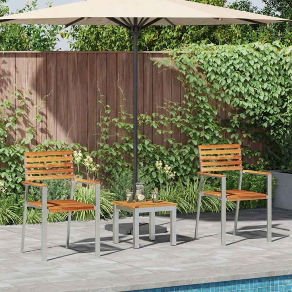 3-teiliges Garten Essgruppe Massivholz Teak, Stapelbare Gartenstühle 2 Stück Massivholz Teak und Stahl