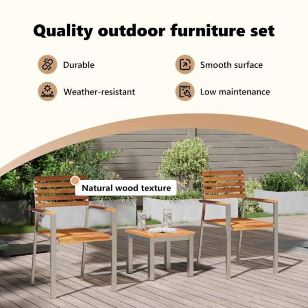 3-teiliges Garten Essgruppe Massivholz Teak, Stapelbare Gartenstühle 2 Stück Massivholz Teak und Stahl