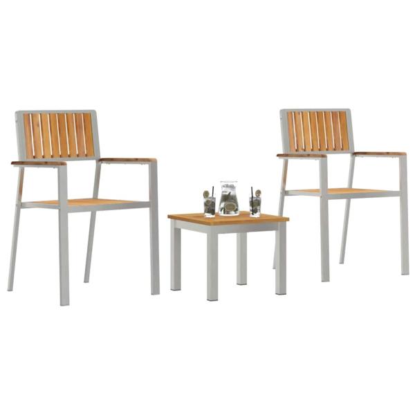 3-teiliges Garten-Esszimmer-Set aus massivem Teakholz, stapelbare Gartenstühle 2 Stück aus massivem Teakholz und Metall