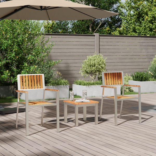 3-teiliges Garten-Esszimmer-Set aus massivem Teakholz, stapelbare Gartenstühle 2 Stück aus massivem Teakholz und Metall