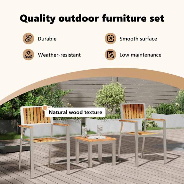 3-teiliges Garten-Esszimmer-Set aus massivem Teakholz, stapelbare Gartenstühle 2 Stück aus massivem Teakholz und Metall