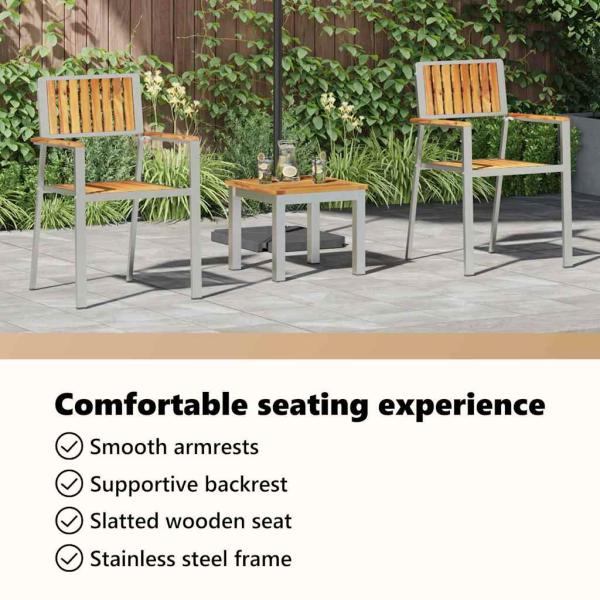 3-teiliges Garten-Esszimmer-Set aus massivem Teakholz, stapelbare Gartenstühle 2 Stück aus massivem Teakholz und Metall