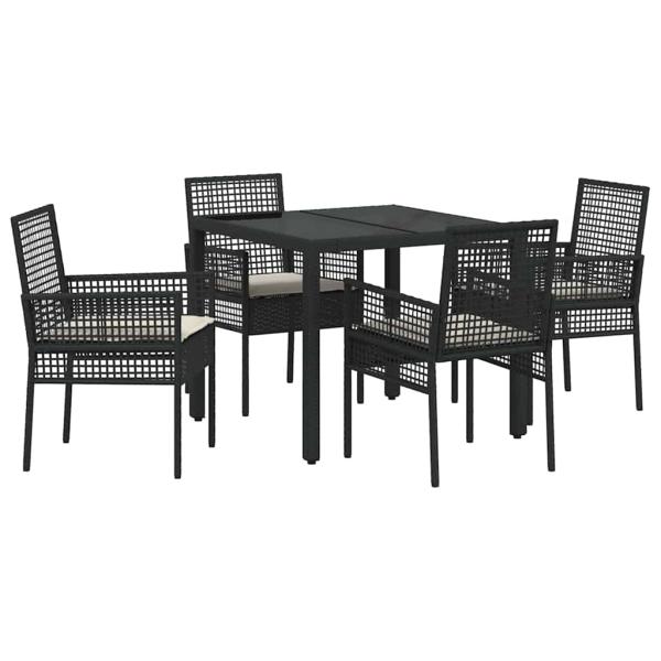 5-teiliges Garten-Dining-Set mit Kissen Schwarz Poly Rattan