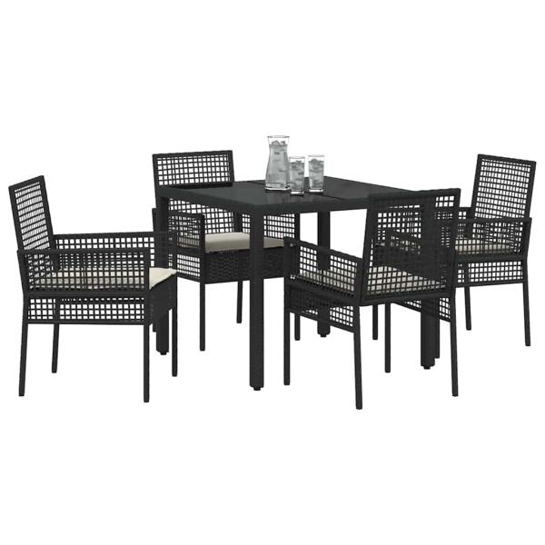 5-teiliges Garten-Dining-Set mit Kissen Schwarz Poly Rattan
