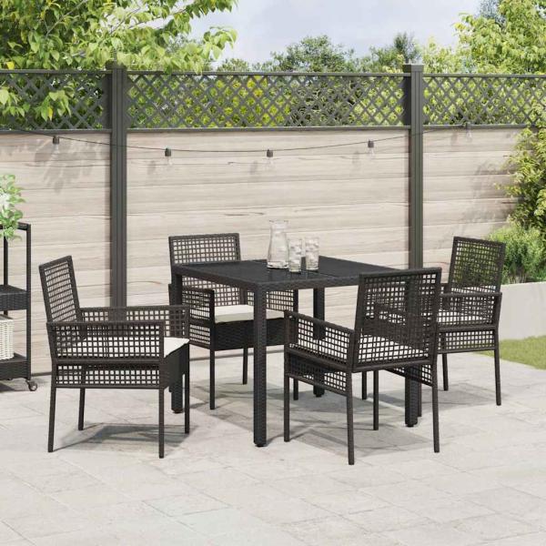 5-teiliges Garten-Dining-Set mit Kissen Schwarz Poly Rattan