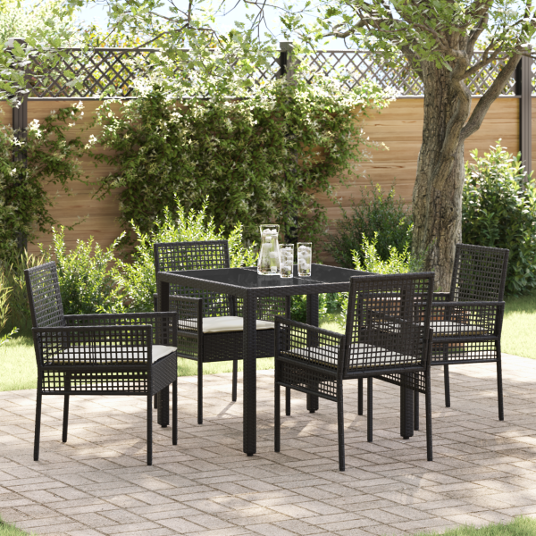 5-teiliges Garten-Dining-Set mit Kissen Schwarz Poly Rattan
