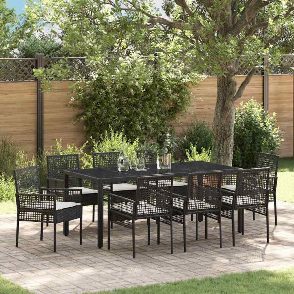 9-teiliges Gartendining-Set Schwarz Poly Rattan