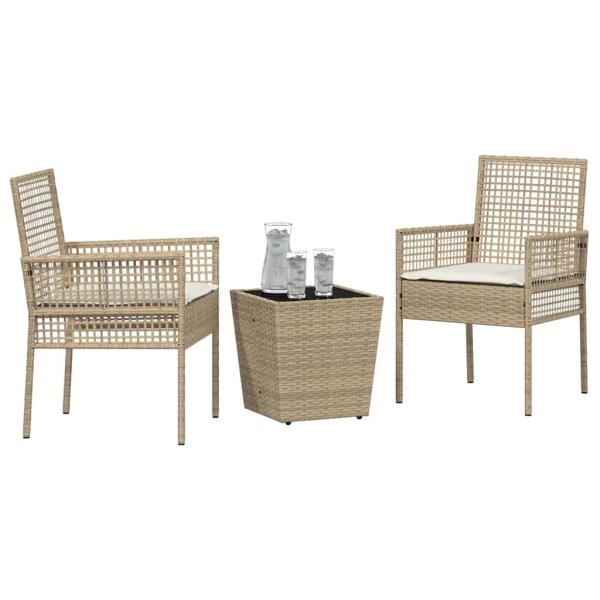 3-tlg. Garten-Bistroset mit Kissen Beige Poly Rattan