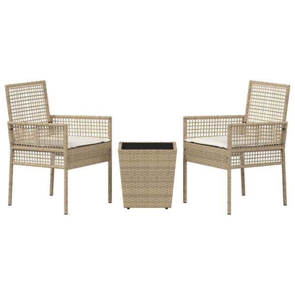 3-tlg. Garten-Bistroset mit Kissen Beige Poly Rattan