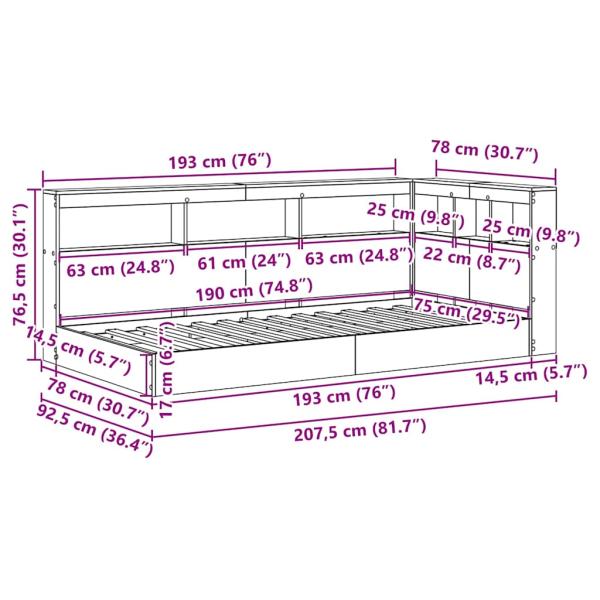 Bücherregalbett Geräucherte Eiche 75x190 cm Holzwerkstoff