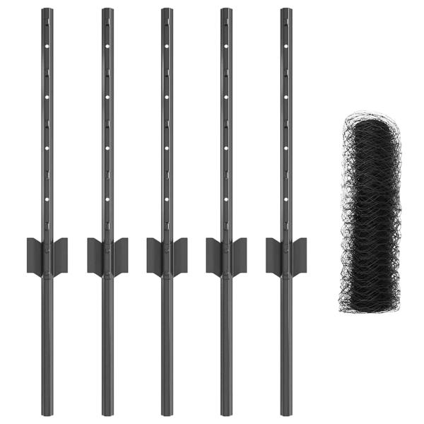 Zaunpfosten 5 Stück U-Kanal Grau 40 cm Stahl, Hexagonzaun Grau 0,4x10 m Stahl