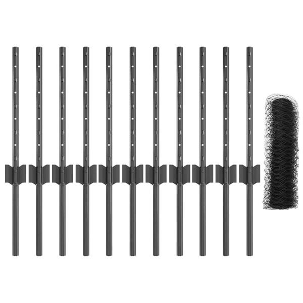 Zaunpfosten 11 Stück U-Kanal Grau 40 cm Stahl, Sechseckzaun Grau 0,4x25 m Stahl