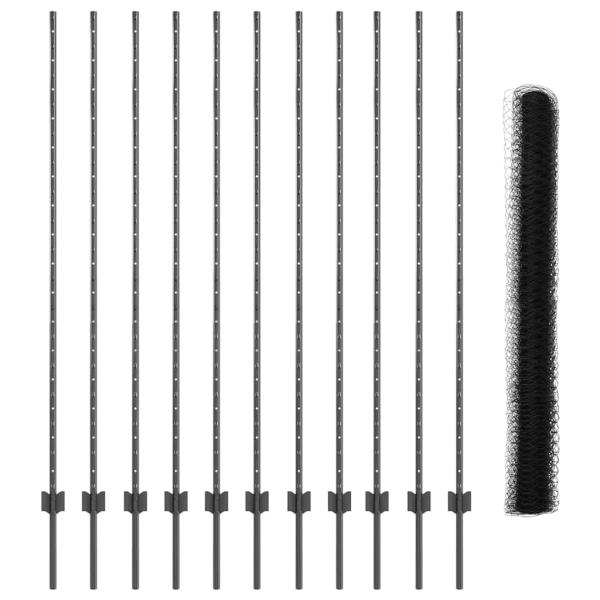 Zaunpfosten 22 Stk. U-Channel Grau 160 cm Stahl, Sechseck-Zaun Grau 1.6x25 m Stahl