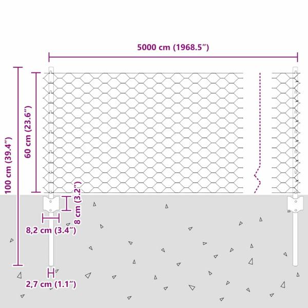 Zaunpfosten 11 Stück U-Kanal grau 60 cm Stahl, Hexagonzaun grau 0,6x50 m Stahl