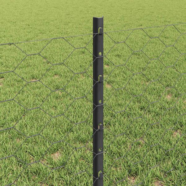 Zaunpfosten 11 Stück U-Kanal grau 60 cm Stahl, Hexagonzaun grau 0,6x50 m Stahl