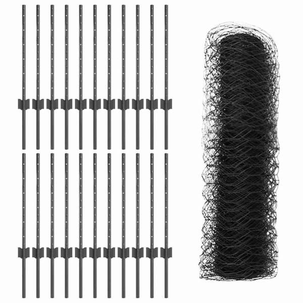 Zaunpfosten 11 Stück U-Kanal grau 60 cm Stahl, Hexagonzaun grau 0,6x50 m Stahl