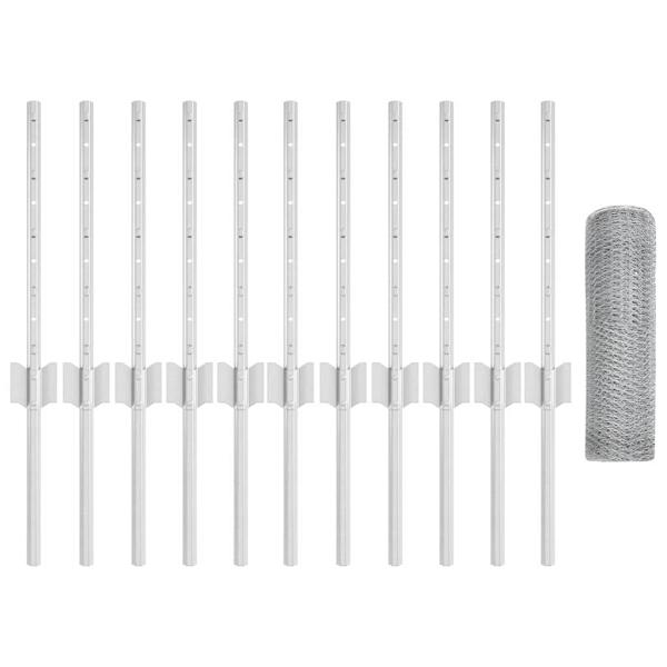 Zaunpfosten 11 Stück U-Channel 40 cm feuerverzinkter Stahl, Hexagon Zaun 0,4x25 m feuerverzinkter Stahl