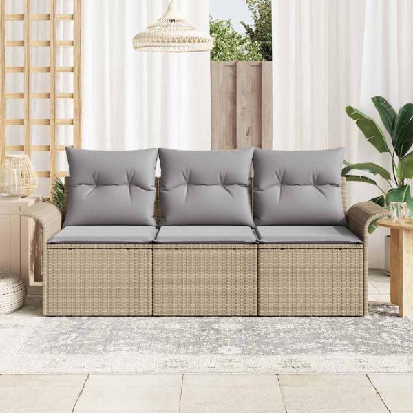 3-teiliges Garten-Sofa-Set mit Kissen Beige Poly-Rattan