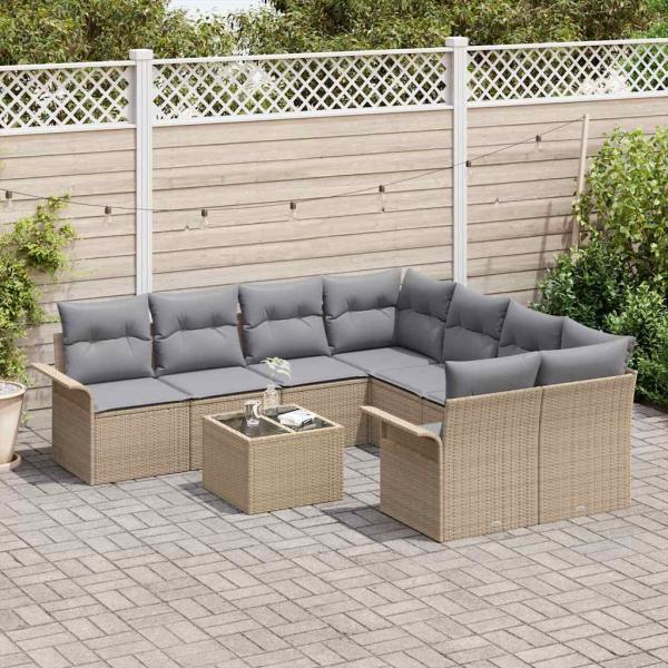 Gartensofa-set mit Kissen 9 pcs Beige Poly-Rattan