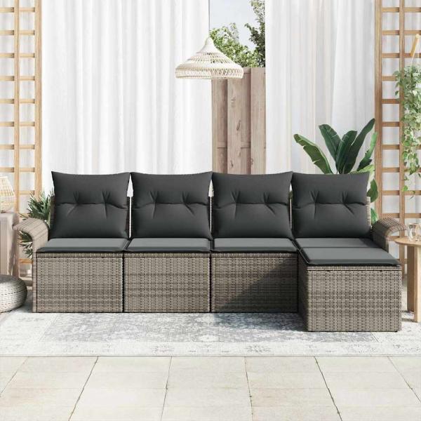 5-teiliges Garten-Sofaset mit Kissen Grau Poly Rattan