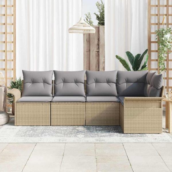 5-teiliges Garten-Sofa-Set mit Kissen Beige Poly Rattan