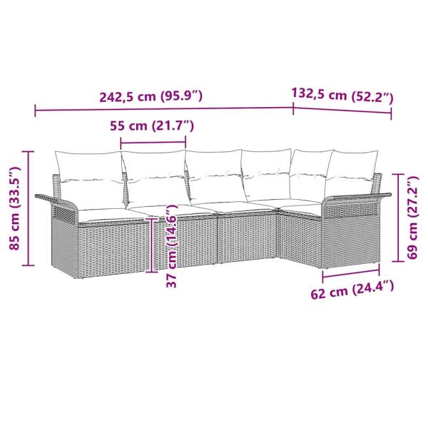 5-teiliges Garten-Sofa-Set mit Kissen Schwarz Poly-Rattan