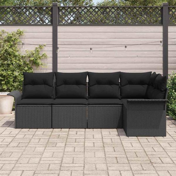 5-teiliges Garten-Sofa-Set mit Kissen Schwarz Poly-Rattan
