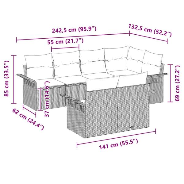 7-teiliges Garten Sofa Set mit Kissen Schwarz Poly Rattan