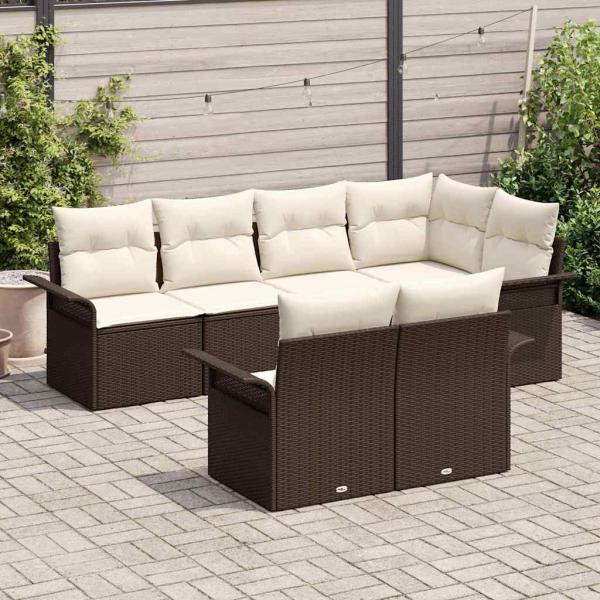 7-teiliges Garten Sofa Set mit Kissen Braun Poly Rattan