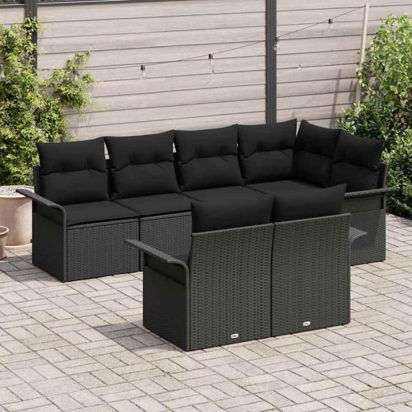 7-teiliges Garten-Sofa Set mit Kissen Schwarz Poly Rattan