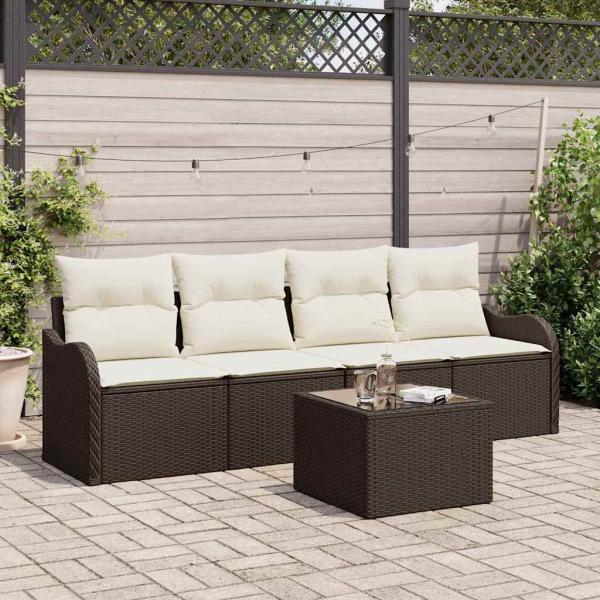 ARDEBO.de - 5-teiliges Garten-Sofaset mit Kissen aus braunem Poly-Rattan, 2-Sitzer Garten-Sofa mit Kissen aus braunem Poly-Rattan